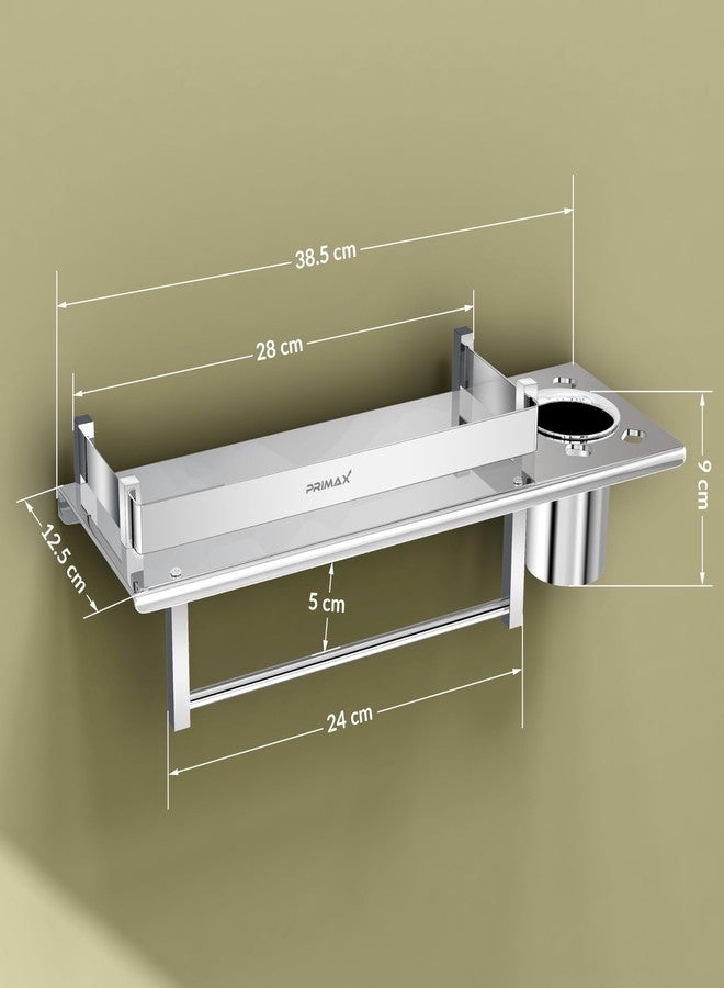 Primax Stainless Steel Nickel 3 in 1 Multipurpose Bathroom Shelf, Towel Hanger (Chrome, Silver, 15 x 5 Inches) - Image 2